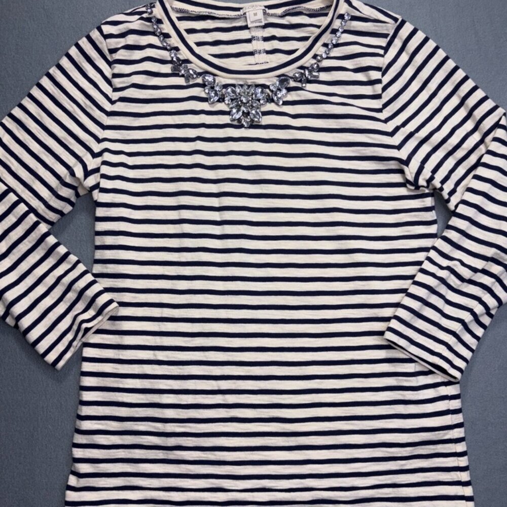 J.Crew Sz M Striped Cotton Jeweled Necklace Embellished Tee Shirt 3/4 Sleeve